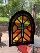 Load image into Gallery viewer, Handmade Stained Glass Window with Cross Sun Catcher
